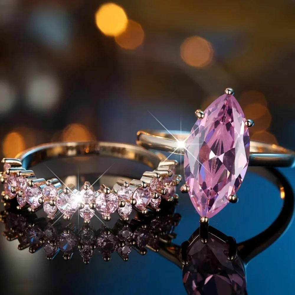 NEW Gold Marquise Cut Pink Stone CZ Wedding Ring Set - SIZE 8